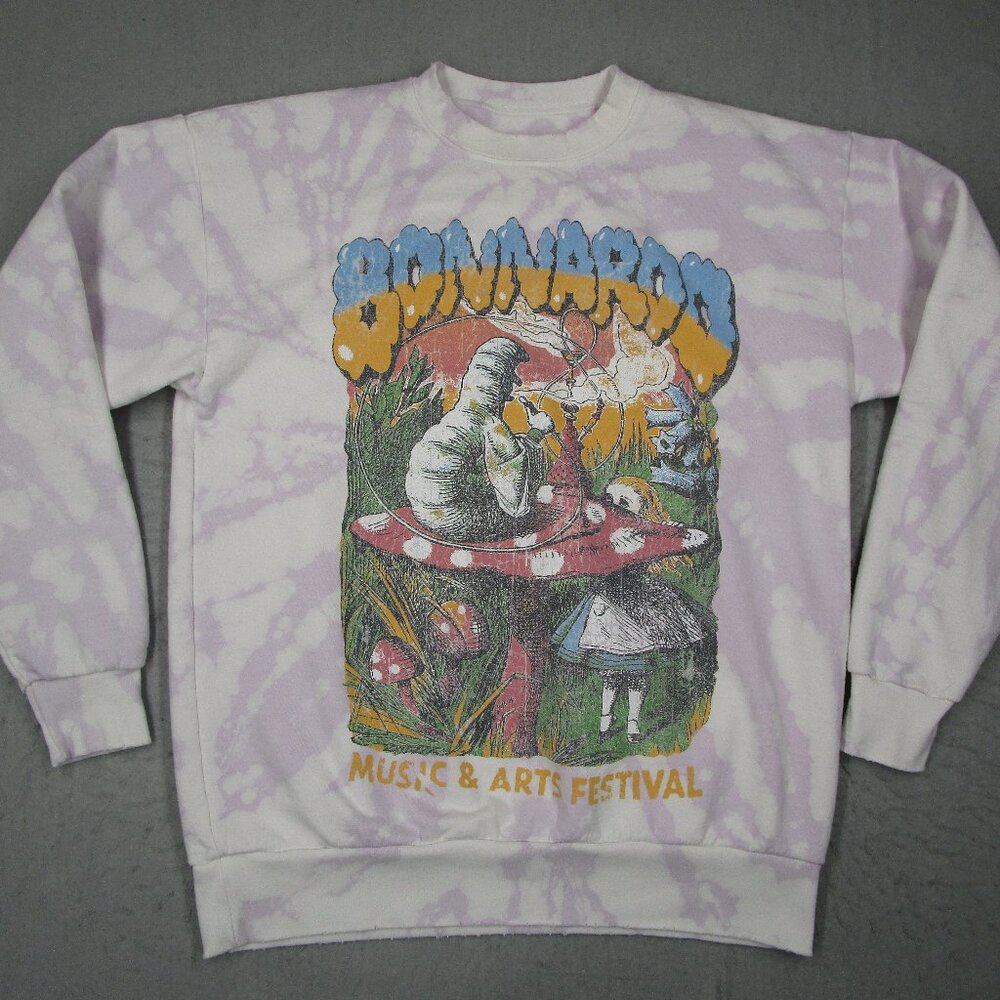 Bonnaroo Sweatshirt Mens Small Relaxed Fit Purple Tie Dye Alice in Wonderoo Art